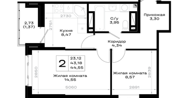 2-к. квартира, 44&nbsp;м²
