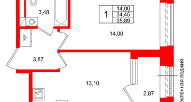 1-к. квартира, 34&nbsp;м²