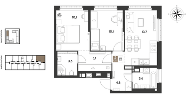 2-к. квартира, 51 м²