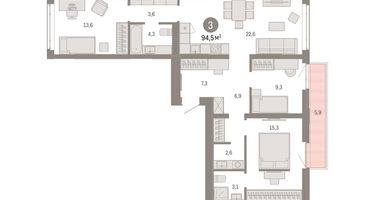 3-к. квартира, 94 м²
