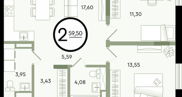 2-к. квартира, 59&nbsp;м²