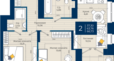 2-к. квартира, 66&nbsp;м²