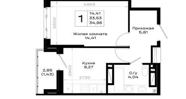 1-к. квартира, 34&nbsp;м²