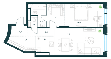 2-к. квартира, 63&nbsp;м²