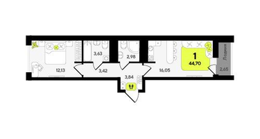 1-к. квартира, 44&nbsp;м²