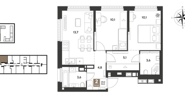 2-к. квартира, 51&nbsp;м²