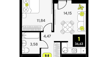 1-к. квартира, 36&nbsp;м²