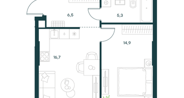 1-к. квартира, 43 м²
