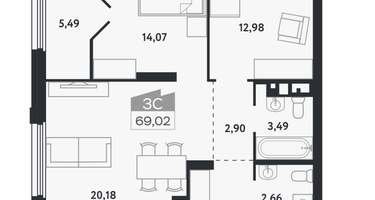 3-к. квартира, 69 м²