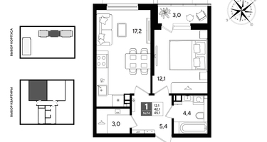 1-к. квартира, 44&nbsp;м²