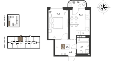 1-к. квартира, 34 м²