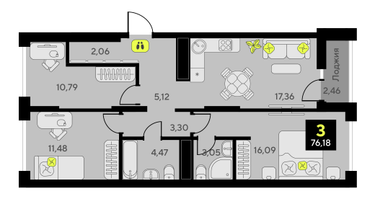 3-к. квартира, 76&nbsp;м²