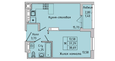 1-к. квартира, 37&nbsp;м²