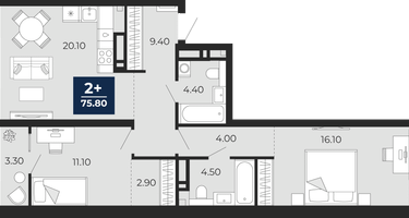 2-к. квартира, 72&nbsp;м²