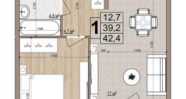 1-к. квартира, 42&nbsp;м²