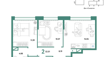 2-к. квартира, 52&nbsp;м²
