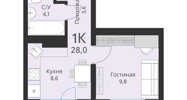 1-к. квартира, 28&nbsp;м²