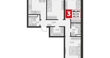 3-к. квартира, 83&nbsp;м²