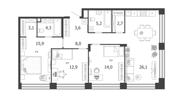 3-к. квартира, 95 м²