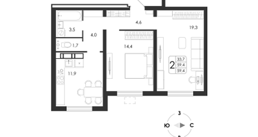 2-к. квартира, 59 м²