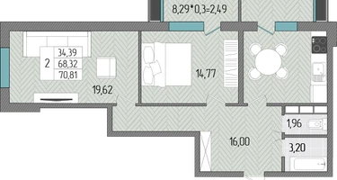 2-к. квартира, 70&nbsp;м²