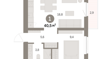 1-к. квартира, 40 м²