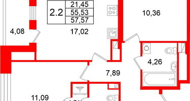 2-к. квартира, 55&nbsp;м²