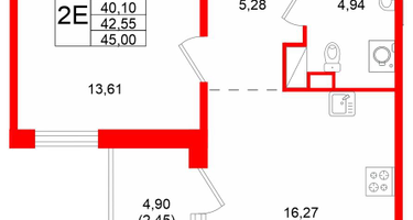 1-к. квартира, 42&nbsp;м²
