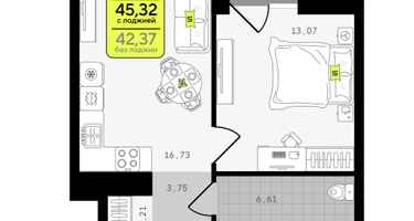 1-к. квартира, 45 м²