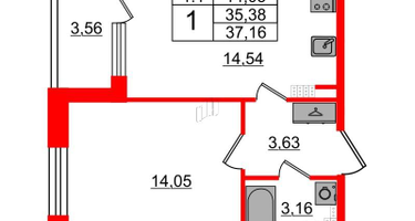 1-к. квартира, 34&nbsp;м²