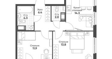 2-к. квартира, 53&nbsp;м²