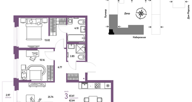 3-к. квартира, 65 м²
