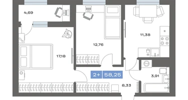 2-к. квартира, 58 м²