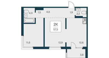 2-к. квартира, 57 м²