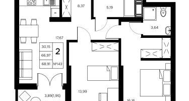 2-к. квартира, 68&nbsp;м²