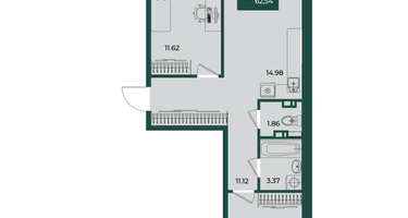2-к. квартира, 62&nbsp;м²