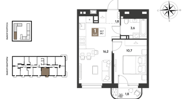 1-к. квартира, 34&nbsp;м²