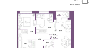 3-к. квартира, 60&nbsp;м²