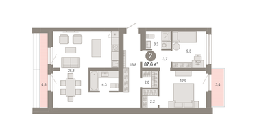 2-к. квартира, 87&nbsp;м²