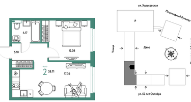2-к. квартира, 38&nbsp;м²