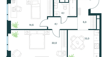 2-к. квартира, 62&nbsp;м²