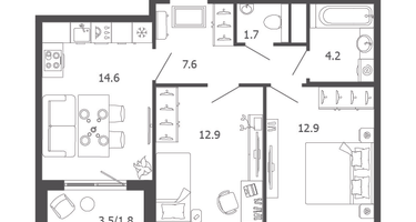 2-к. квартира, 55 м²