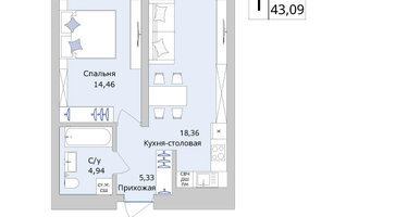 1-к. квартира, 43 м²