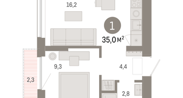 1-к. квартира, 34&nbsp;м²