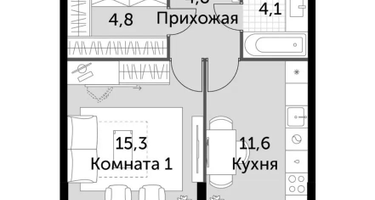 1-к. квартира, 40,6 м²