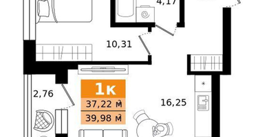 1-к. квартира, 39&nbsp;м²