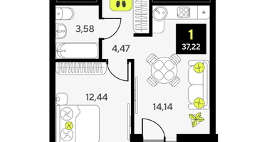1-к. квартира, 37 м²