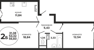 2-к. квартира, 57&nbsp;м²