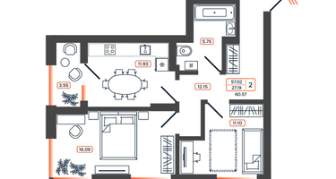 2-к. квартира, 60&nbsp;м²