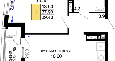 1-к. квартира, 39&nbsp;м²